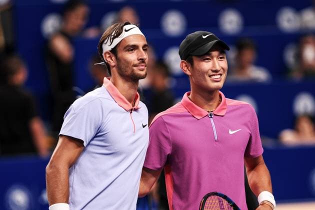 CHENGDU, CHINA - SEPTEMBER 24: Champion Jerry Shang Juncheng (R) of China and runner-up Lorenzo Musetti of Italy pose for a photo after the Men s Singles Final match on day 7 of 2024 Chengdu Open at Sichuan International Tennis Center on September 24, 2024 in Chengdu, Sichuan Province of China.  Copyright: xVCGx 111519903707