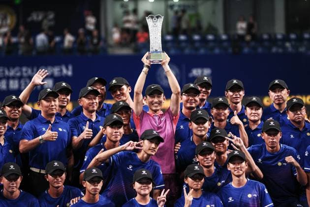 CHENGDU, CHINA - SEPTEMBER 24: Champion Jerry Shang Juncheng of China celebrates with trophy after winning the Men s Singles Final match against Lorenzo Musetti of Italy on day 7 of 2024 Chengdu Open at Sichuan International Tennis Center on September 24, 2024 in Chengdu, Sichuan Province of China.  Copyright: xVCGx 111519903695