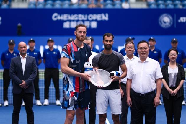 CHENGDU, CHINA - SEPTEMBER 24: Runner-up Yuki Bhambri of India and Albano Olivetti of France pose after the Men s Doubles Final match against Sadio Doumbia of France and Fabien Reboul of France on day 7 of 2024 Chengdu Open at Sichuan International Tennis Center on September 24, 2024 in Chengdu, Sichuan Province of China.  Copyright: xVCGx 111519860170