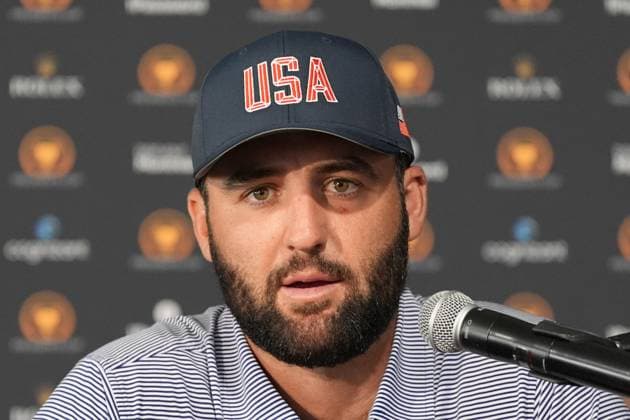 September 24, 2024, Montreal, Quebec, USA: Scottie Scheffler speaks to the media at a press conference, PK, Pressekonferenz before the 2024 Presidents Cup at The Royal Montreal Golf Club. Montreal Canada - ZUMAw109 20240924_fap_w109_014 Copyright: xDebbyxWongx