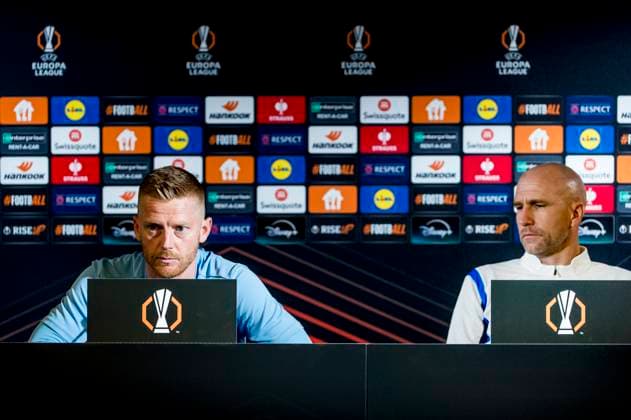 240925 Anders Christiansen and head coach Henrik Rydström of Malmö FF during a press conference with Malmö FF on September 25, 2024 in Malmö Photo Christian Örnberg BILDBYRAN COP 166 CO0470 fotboll football soccer fotball uefa europa league presskonferens press conference malmö ff bbeng  Copyright: CHRISTIANxÖRNBERG BB240925CO055