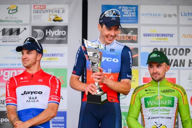 OMLOOP VAN HET HOUTLAND 2024 LICHTERVELDE, BELGIUM - SEPTEMBER 25 : Walscheid Max (GER) of Team Jayco AlUla, Groenewegen Dylan (NED) of Team Jayco AlUla, Barbier Pierre of Team Philippe Wagner Bazin on the podium pictured during the Omloop van het Houtland 2024 Cycling race with start in Eernegem and finish in Lichtervelde (195,3km). On September 25, 2024 in Lichtervelde, Belgium, 25-09-24 Lichtervelde Belgium  Copyright: xGvgx