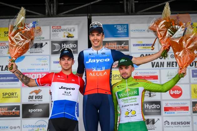OMLOOP VAN HET HOUTLAND 2024 LICHTERVELDE, BELGIUM - SEPTEMBER 25 : Walscheid Max (GER) of Team Jayco AlUla, Groenewegen Dylan (NED) of Team Jayco AlUla, Barbier Pierre of Team Philippe Wagner Bazin on the podium pictured during the Omloop van het Houtland 2024 Cycling race with start in Eernegem and finish in Lichtervelde (195,3km). On September 25, 2024 in Lichtervelde, Belgium, 25-09-24 Lichtervelde Belgium  Copyright: xGvgx