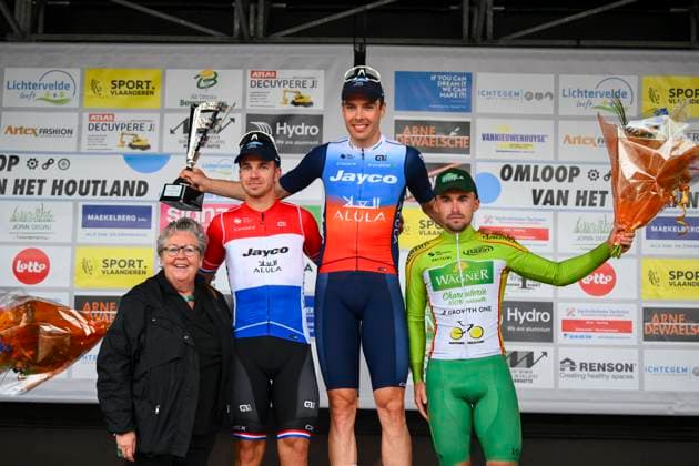 OMLOOP VAN HET HOUTLAND 2024 LICHTERVELDE, BELGIUM - SEPTEMBER 25 : Walscheid Max (GER) of Team Jayco AlUla, Groenewegen Dylan (NED) of Team Jayco AlUla, Barbier Pierre of Team Philippe Wagner Bazin on the podium pictured during the Omloop van het Houtland 2024 Cycling race with start in Eernegem and finish in Lichtervelde (195,3km). On September 25, 2024 in Lichtervelde, Belgium, 25-09-24 Lichtervelde Belgium  Copyright: xGvgx
