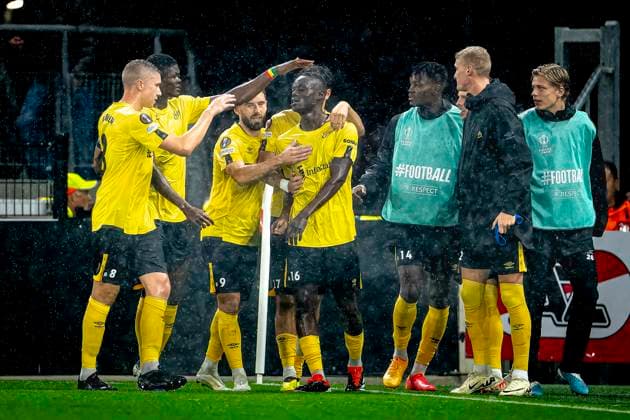 IF Elfsborg midfielder Timothy Noor Ouma scores the 0 1 and celebrating the goal, during the match AZ Elfsborg at the AZ Stadium for the UEFA Europa League League phase Matchday 1 season 2024 2025 in ALKMAAR, Netherlands on 25 september 2024, photo by Marcel van Dorst EYE4images DeFodi Images Defodi 746 190470 Defodi-746