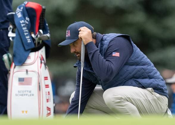 September 25, 2024, Montreal, Pq, CANADA: United States team member Scottie Scheffler lines up a putt during practice at the Presidents Cup golf tournament at the Royal Montreal Golf Club, Wednesday, Sept. 25, 2024 in Montreal. Canada News - September 25, 2024  - ZUMAc35_ 20240925_zaf_c35_047 Copyright: xChristinnexMuschix