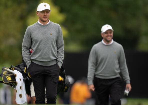 September 25, 2024, Montreal, Pq, CANADA: International team members Mackenzie Hughes and Corey Conners of Canada, walk up to the 12th hole during practice at the Presidents Cup golf tournament at the Royal Montreal Golf Club, Wednesday, Sept. 25, 2024 in Montreal. Canada News - September 25, 2024  - ZUMAc35_ 20240925_zaf_c35_034 Copyright: xChristinnexMuschix