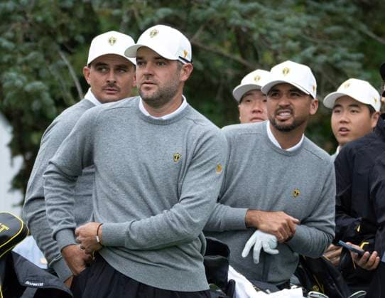 September 25, 2024, Montreal, Pq, Canada: International team members (left to right) Christiaan Bezuidenhout of South Africa, Corey Conners of Canada, second left, Sungjae Im of South Korea, Jason Day of Australia, and Tom Kim of South Korea, look on during practice at the Presidents Cup golf tournament at Royal Montreal Golf Club on Wednesday, Sept. 25, 2024 in Montreal. Canada News - September 25, 2024  - ZUMAc35_ 20240925_zaf_c35_035 Copyright: xRyanxRemiorzx