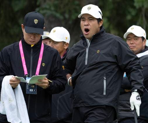 September 25, 2024, Montreal, Pq, Canada: International team member Hideki Matsuyama of Japan, yawns as he waits to tee off during practice at the Presidents Cup golf tournament at the Royal Montreal Golf Club, Wednesday, Sept. 25, 2024 in Montreal. Canada News - September 25, 2024  - ZUMAc35_ 20240925_zaf_c35_045 Copyright: xRyanxRemiorzx