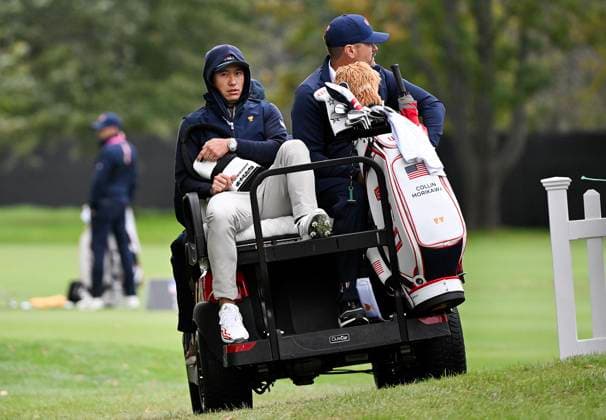 September 25, 2024, Montreal, Pq, Canada: United States team member Collin Morikawa, left, arrives to the practice range at the Presidents Cup at Royal Montreal Golf Club in Montreal, Wednesday, September 25, 2024. Canada News - September 25, 2024  - ZUMAc35_ 20240925_zaf_c35_065 Copyright: xGrahamxHughesx