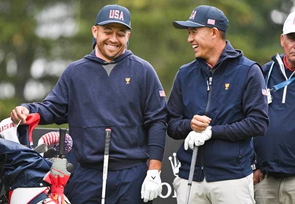 September 25, 2024, Montreal, Pq, Canada: United States team members Xander Schauffele, left, and Collin Morikawa share a joke during a practice round at the Presidents Cup at Royal Montreal Golf Club in Montreal, Wednesday, September 25, 2024. Canada News - September 25, 2024  - ZUMAc35_ 20240925_zaf_c35_029 Copyright: xGrahamxHughesx