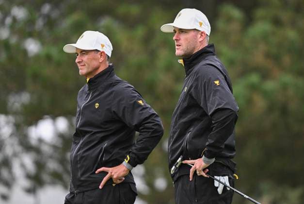 September 25, 2024, Montreal, Pq, Canada: International team members Adam Scott of Australia, left, and Taylor Pendrith of Canada look on during a practice round at the Presidents Cup at Royal Montreal Golf Club in Montreal, Wednesday, September 25, 2024. Canada News - September 25, 2024  - ZUMAc35_ 20240925_zaf_c35_032 Copyright: xGrahamxHughesx