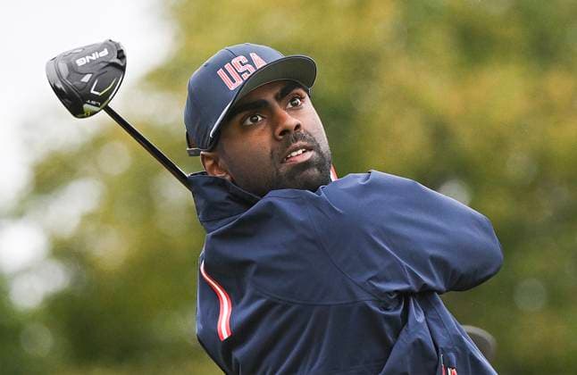 September 25, 2024, Montreal, Pq, Canada: United States team member Sahith Theegala tees off during a practice round at the Presidents Cup at Royal Montreal Golf Club in Montreal, Wednesday, September 25, 2024. Canada News - September 25, 2024  - ZUMAc35_ 20240925_zaf_c35_028 Copyright: xGrahamxHughesx