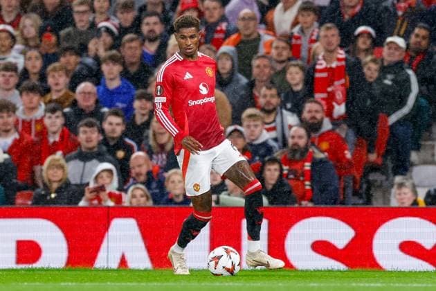 Marcus Rashford of Manchester United, ManU dribbles with the ball , UEFA Europa League 2024 25 League Phase MD1, Manchester United v FC Twente, Old Trafford, September 25, 2024, Manchester, England.