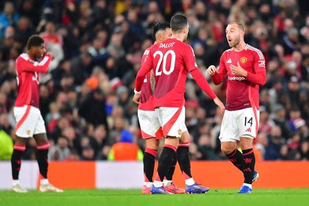 MANCHESTER, Stadium Old Trafford, 25-09-2024 , season 2024 2025, UEFA FIFA internationaal , Europa League , during the match Manchester United, ManU - Twente , Manchester United player Christian Eriksen scores the 1-0 Manchester United - Twente  x26339400x Copyright: