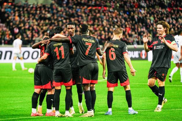 FC Midtjylland celebrating after scoring 1 0 Dario Osorio FC Midtjylland, 11 DEN, FC Midtjylland vs TSG 1899 Hoffenheim, Football, UEFA Europa League, Matchday 1, Season 2024 25, 25 09 2024 DEN, FC Midtjylland vs TSG 1899 Hoffenheim, Football, UEFA Europa League, Matchday 1, Season 2024 25, 25 09 2024 Herning Copyright: xEibner-Pressefoto MarcelxvonxFehrnx EP_MFN