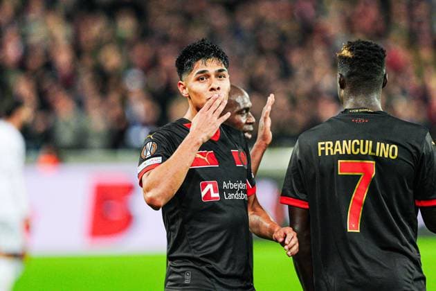 Goal celebration after scoring 1 0 Dario Osorio FC Midtjylland, 11 DEN, FC Midtjylland vs TSG 1899 Hoffenheim, Football, UEFA Europa League, Matchday 1, 2024 25, 25 09 2024 DEN, FC Midtjylland vs TSG 1899 Hoffenheim, Football, UEFA Europa League, Matchday 1, 2024 25, 25 09 2024 Herning Copyright: xEibner-Pressefoto MarcelxvonxFehrnx EP_MFN