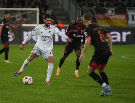 Europa League, FC Midtjylland vs TSG 1899 Hoffenheim 25 09 2024, MCH Arena, Herning, Europa League, FC Midtjylland vs TSG 1899 Hoffenheim , pictured Florian Grillitsch Hoffenheim , Joel Andersson Midtjylland Herning MCH Arena Denmark ,EDITORIAL USE ONLY