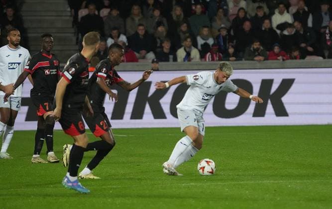 Europa League, FC Midtjylland vs TSG 1899 Hoffenheim 25 09 2024, MCH Arena, Herning, Europa League, FC Midtjylland vs TSG 1899 Hoffenheim , pictured Umut Tohumcu Hoffenheim Herning MCH Arena Denmark ,EDITORIAL USE ONLY