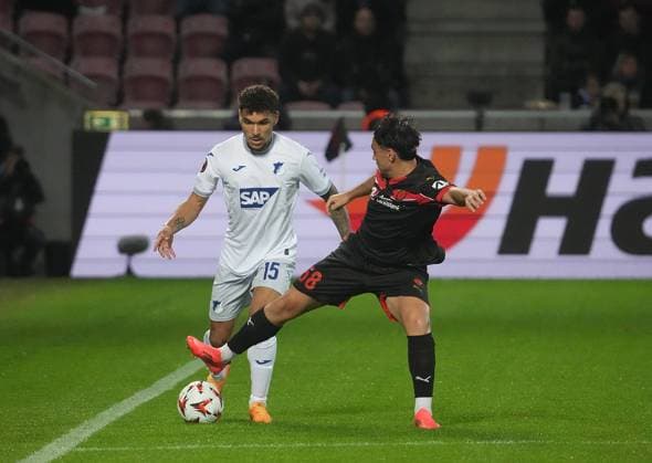 Europa League, FC Midtjylland vs TSG 1899 Hoffenheim 25 09 2024, MCH Arena, Herning, Europa League, FC Midtjylland vs TSG 1899 Hoffenheim , pictured Valentin Gendrey Hoffenheim , Aral Simsir Midtjylland Herning MCH Arena Denmark ,EDITORIAL USE ONLY