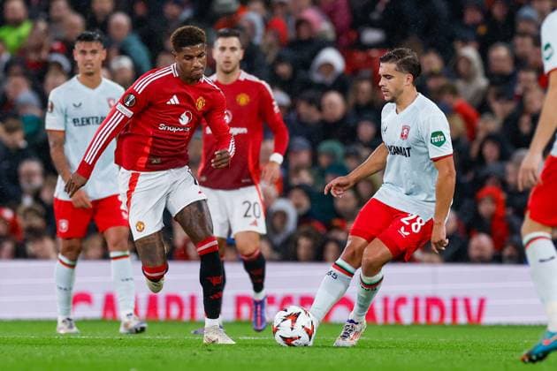 Bart van Rooij of FC Twente passes the ball , UEFA Europa League 2024 25 League Phase MD1, Manchester United, ManU v FC Twente, Old Trafford, September 25, 2024, Manchester, England.