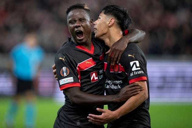 FC Midtjyllands Dario Osorio R has scored and celebrates with teammate Franculino Dju during the UEFA Europa League match between FC Midtjylland and TSG 1899 Hoffenheim at MCH Arena in Herning Wednesday, September 25, 2024 , Herning Denmark Mors  Copyright: BoxAmrstrupx xRitzauxScanpix BoxAmstrupx spdk20240925-220113-L
