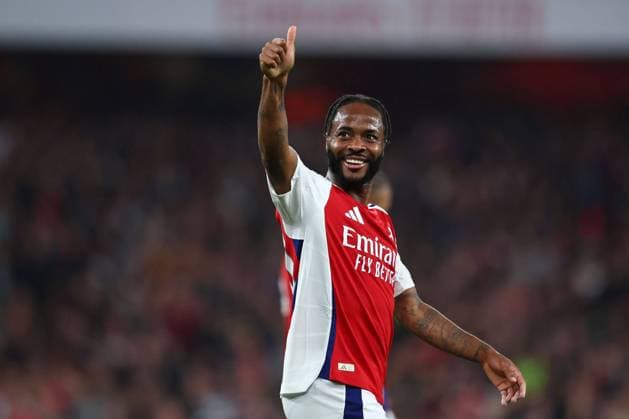 Raheem Sterling of Arsenal celebrates after scoring a goal (4-1) Arsenal v Bolton Wanderers, EFL Carabao Cup, Third Round, Football, Emirates Stadium, London, UK, 25 Sep 2024 EDITORIAL USE ONLY No use with unauthorised audio, video, data, fixture lists, club league logos or live services. Online in-match use limited to 120 images, no video emulation. No use in betting, games or single club league player publications. Copyright: xSimonxDael Shutterstockx 14735177ay