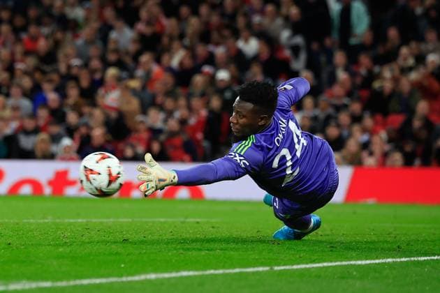 Manchester United, ManU v FC Twente Europa League 25 09 2024. Andre Onana (24) of Manchester United makes a save from a free kick during the Europa League match between Manchester United and FC Twente at Old Trafford, Manchester, England on 25 September 2024. Manchester Old Trafford Greater Manchester England Editorial use only , Copyright: xConorxMolloyx PSI-20476-0037