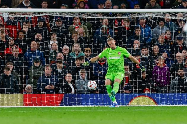 Goalkeeper Lars Unnerstall of FC Twente passes the ball , UEFA Europa League 2024 25 League Phase MD1, Manchester United, ManU v FC Twente, Old Trafford, September 25, 2024, Manchester, England.