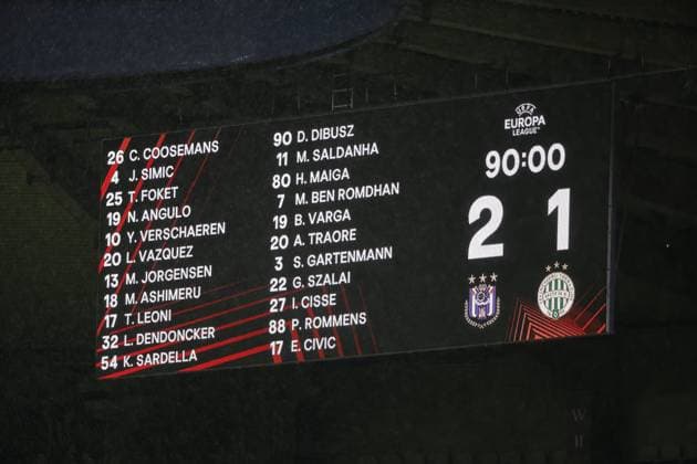 RSC Anderlecht v Ferencvaros - UEFA Europa League ANDERLECHT, BELGIUM - SEPTEMBER 25 : Illustration picture final score pictured during the UEFA Europa League match, League phase - Matchday 1, between RSC Anderlecht and Ferencvaros on September 25, 2024 in Anderlecht, Belgium, 25 09 2024 Anderlecht Belgium  Copyright: xJanxDexMeuleneirx