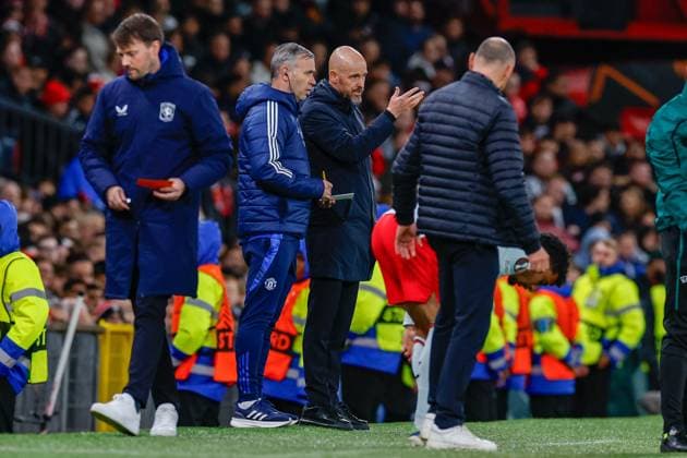 assistant trainer Rene Hake of Manchester UUnited and headcoach Erik ten Hag of Manchester United, ManU , UEFA Europa League 2024 25 League Phase MD1, Manchester United v FC Twente, Old Trafford, September 25, 2024, Manchester, England.