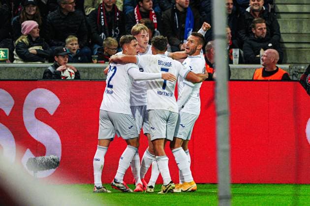Goal celebration TSG 1899 Hoffenheim after scoring 1 1 Max Moerstedt TSG 1899 Hoffenheim, 33 DEN, FC Midtjylland vs TSG 1899 Hoffenheim, Football, UEFA Europa League, Matchday 1, 2024 25 season, 25 09 2024 DEN, FC Midtjylland vs TSG 1899 Hoffenheim, Football, UEFA Europa League, Matchday 1, 2024 25 season, 25 09 2024 Herning Copyright: xEibner-Pressefoto MarcelxvonxFehrnx EP_MFN