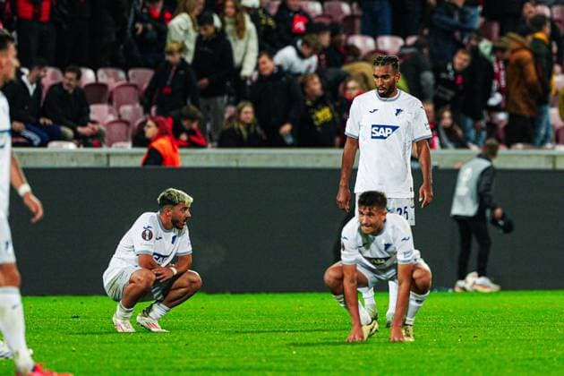 Disappointment TSG 1899 Hoffenheim after draw DEN, FC Midtjylland vs TSG 1899 Hoffenheim, Football, UEFA Europa League, Matchday 1, Season 2024 25, 25 09 2024 DEN, FC Midtjylland vs TSG 1899 Hoffenheim, Football, UEFA Europa League, Matchday 1, Season 2024 25, 25 09 2024 Herning Copyright: xEibner-Pressefoto MarcelxvonxFehrnx EP_MFN