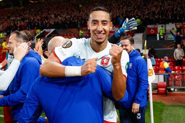 Anass Salah-Eddine of FC Twente celebrating , UEFA Europa League 2024 25 League Phase MD1, Manchester United, ManU v FC Twente, Old Trafford, September 25, 2024, Manchester, England.