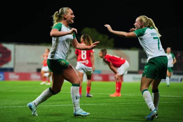 240925 Cathinka Tandberg and Emelie Joramo of Hammarby celebrate during the UEFA Women s Champions League football match between Benfica and Hammarby on September 25, 2024 in Lisbon Photo Gualter Fatia BILDBYRAN kod XZ XZ0190 fotboll football soccer fotball champions league benfica hammarby dam bbeng celebrate celebration  Copyright: GUALTERxFATIA BB240925ZB009