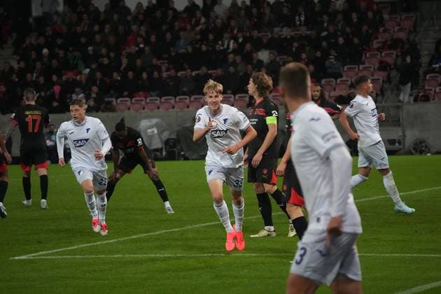 Europa League, FC Midtjylland vs TSG 1899 Hoffenheim 25 09 2024, MCH Arena, Herning, Europa League, FC Midtjylland vs TSG 1899 Hoffenheim , in the picture Max Moerstedt Hoffenheim is happy about the goal for 1 1 Herning MCH Arena Denmark ,EDITORIAL USE ONLY