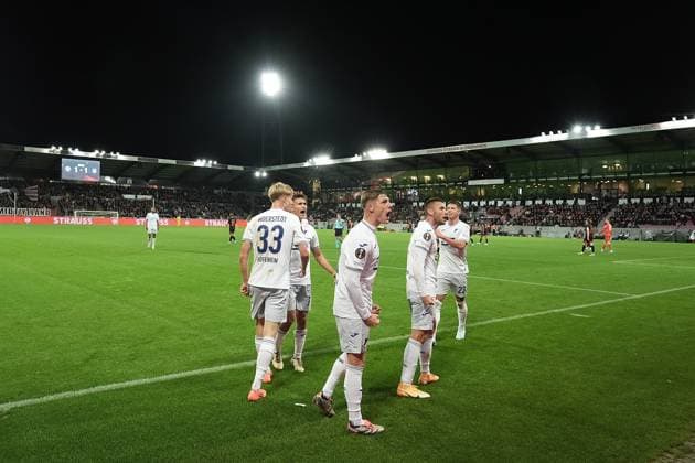 Europa League, FC Midtjylland vs TSG 1899 Hoffenheim 25 09 2024, MCH Arena, Herning, Europa League, FC Midtjylland vs TSG 1899 Hoffenheim , in the picture Max Moerstedt Hoffenheim is happy about the goal for 1 1 Herning MCH Arena Denmark ,EDITORIAL USE ONLY