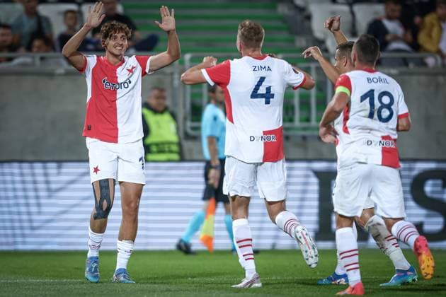 Football - Europa League - Group phase - PFC Ludogorets - SK Slavia Prague - 25.09.2024 Mojmir Chytil celebrating with his team from SK Slavia Prague after scoring a goal against PFC Ludogorets. Bulgaria Copyright: xYulianxTodorovx
