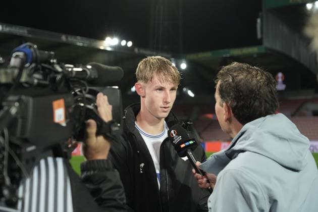 Europa League, FC Midtjylland vs TSG 1899 Hoffenheim 26 09 2024, MCH Arena, Herning, Europa League, FC Midtjylland vs TSG 1899 Hoffenheim , in picture Max Moerstedt Hoffenheim in RTL Interview Herning MCH Arena Denmark ,EDITORIAL USE ONLY