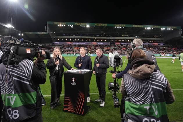 Europa League, FC Midtjylland vs TSG 1899 Hoffenheim 25 09 2024, MCH Arena, Herning, Europa League, FC Midtjylland vs TSG 1899 Hoffenheim , in the picture Interim Sporting Director Frank Kramer Hoffenheim in an interview with Laura Papendick and Lothar Matthäus Herning MCH Arena Denmark ,EDITORIAL USE ONLY