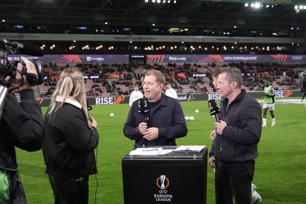 Europa League, FC Midtjylland vs TSG 1899 Hoffenheim 25 09 2024, MCH Arena, Herning, Europa League, FC Midtjylland vs TSG 1899 Hoffenheim , in the picture Interim Sporting Director Frank Kramer Hoffenheim in an interview with Laura Papendick and Lothar Matthäus Herning MCH Arena Denmark ,EDITORIAL USE ONLY
