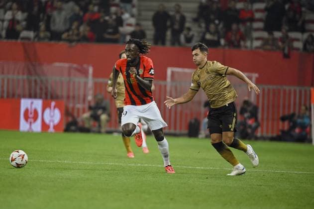 Forward GUESSAND Evann (OGC Nice). OGC Nice (FRA) vs Real Sociedad (ESP), C3 J1 Europa League in Allianz Riviera Stadium, NICE, France, on 25 September 2024. FOOTBALL : OGC Nice vs Real sociedad - Europa League - C3 - J1 - 09 25 24 FredDides Panoramic 