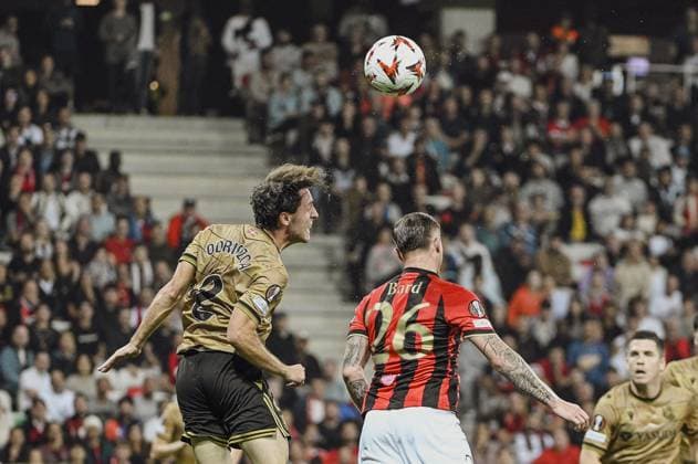 Defender ODRIOZOLA Alvaro (Real Sociedad) and Defender BARD Melvin (OGC Nice). OGC Nice (FRA) vs Real Sociedad (ESP), C3 J1 Europa League in Allianz Riviera Stadium, NICE, France, on 25 September 2024. FOOTBALL : OGC Nice vs Real sociedad - Europa League - C3 - J1 - 09 25 24 FredDides Panoramic 