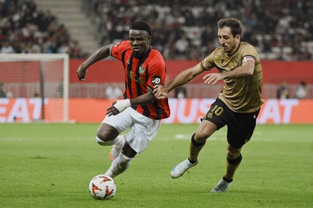 Midfielder NDAYISHIMIYE Youssouf (OGC Nice) and Forward OYARZABAL Mikel (Real Sociedad). OGC Nice (FRA) vs Real Sociedad (ESP), C3 J1 Europa League in Allianz Riviera Stadium, NICE, France, on 25 September 2024. FOOTBALL : OGC Nice vs Real sociedad - Europa League - C3 - J1 - 09 25 24 FredDides Panoramic 