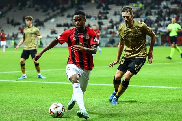 25th September 2024 - UEFA EUROPA LEAGUE - MATCH 1 - SEASON 2024 2025 - OGC NICE vs REAL SOCIEDAD - ALLIANZ RIVIERA STADIUM moukoko (youssoufa) in action against pacheco (jon) NICE FRANCE Copyright: xSPORTPIXPRESSx xFREDxPORCUx