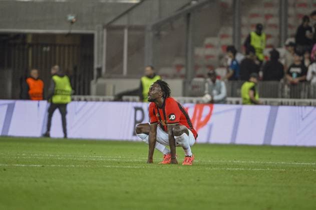Deception of Forward GUESSAND Evann (OGC Nice). OGC Nice (FRA) vs Real Sociedad (ESP), C3 J1 Europa League in Allianz Riviera Stadium, NICE, France, on 25 September 2024. FOOTBALL : OGC Nice vs Real sociedad - Europa League - C3 - J1 - 09 25 24 FredDides Panoramic 