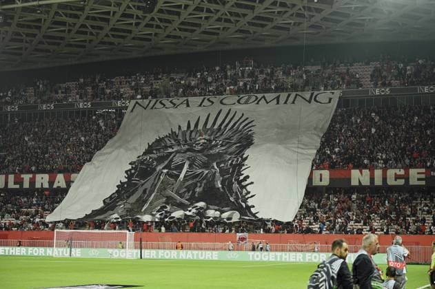 Illustration of tifo of Supporter of OGC Nice Football Team. OGC Nice (FRA) vs Real Sociedad (ESP), C3 J1 Europa League in Allianz Riviera Stadium, NICE, France, on 25 September 2024. FOOTBALL : OGC Nice vs Real sociedad - Europa League - C3 - J1 - 09 25 24 FredDides Panoramic 