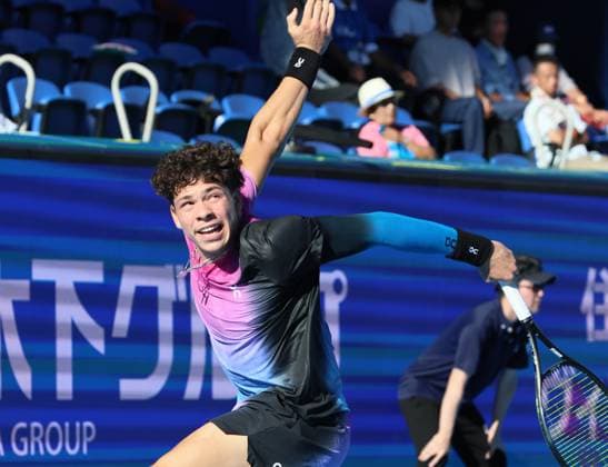September 26, 2024, Tokyo, Japan - Ben Shelton of the United States retuens the ball against his compatriot Reilly Opelka at the first round match of the Japan Open Tennis championships at the Ariake Colosseum in Tokyo on Thursday, September 26, 2024. (photo by Yoshio Tsunoda AFLO) Noxthirdxpartyxsales  (267875540)