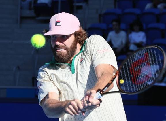 September 26, 2024, Tokyo, Japan - Reilly Opelka of the United States retuens the ball against his compatriot BenShelton at the first round match of the Japan Open Tennis championships at the Ariake Colosseum in Tokyo on Thursday, September 26, 2024. (photo by Yoshio Tsunoda AFLO) Noxthirdxpartyxsales  (267875544)