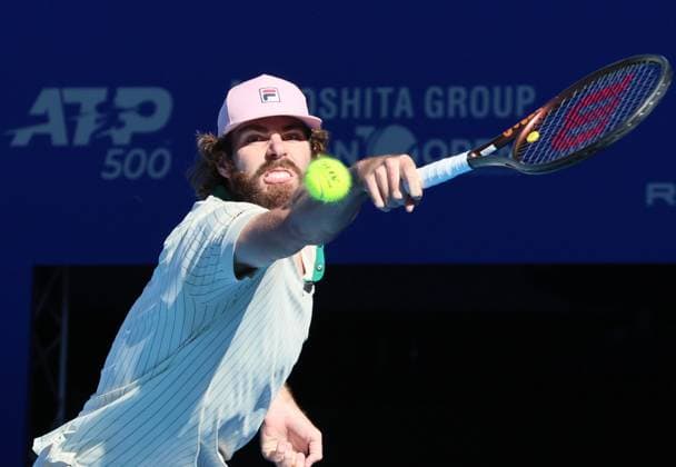September 26, 2024, Tokyo, Japan - Reilly Opelka of the United States retuens the ball against his compatriot BenShelton at the first round match of the Japan Open Tennis championships at the Ariake Colosseum in Tokyo on Thursday, September 26, 2024. (photo by Yoshio Tsunoda AFLO) Noxthirdxpartyxsales  (267875545)